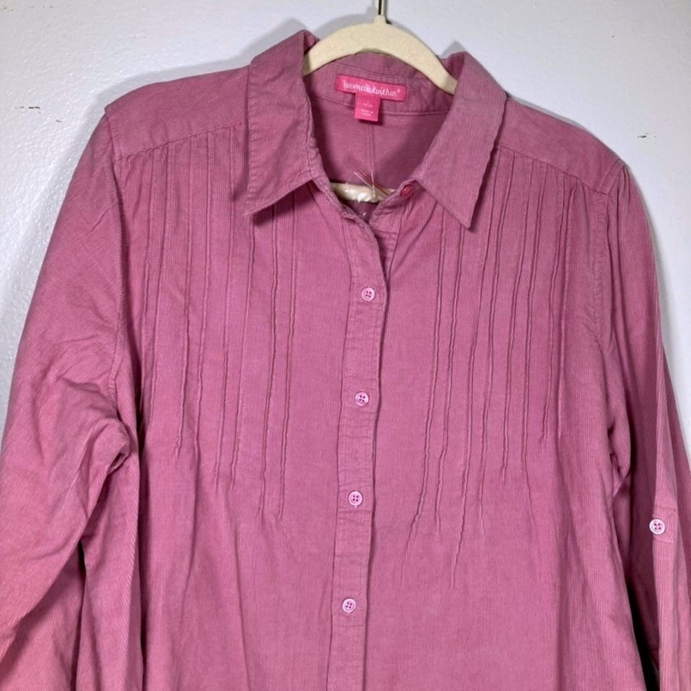 Woman Within L Pink Corduroy Button Down Shirt Pleated Bib Roll Tab Sleeve - Picture 2 of 14